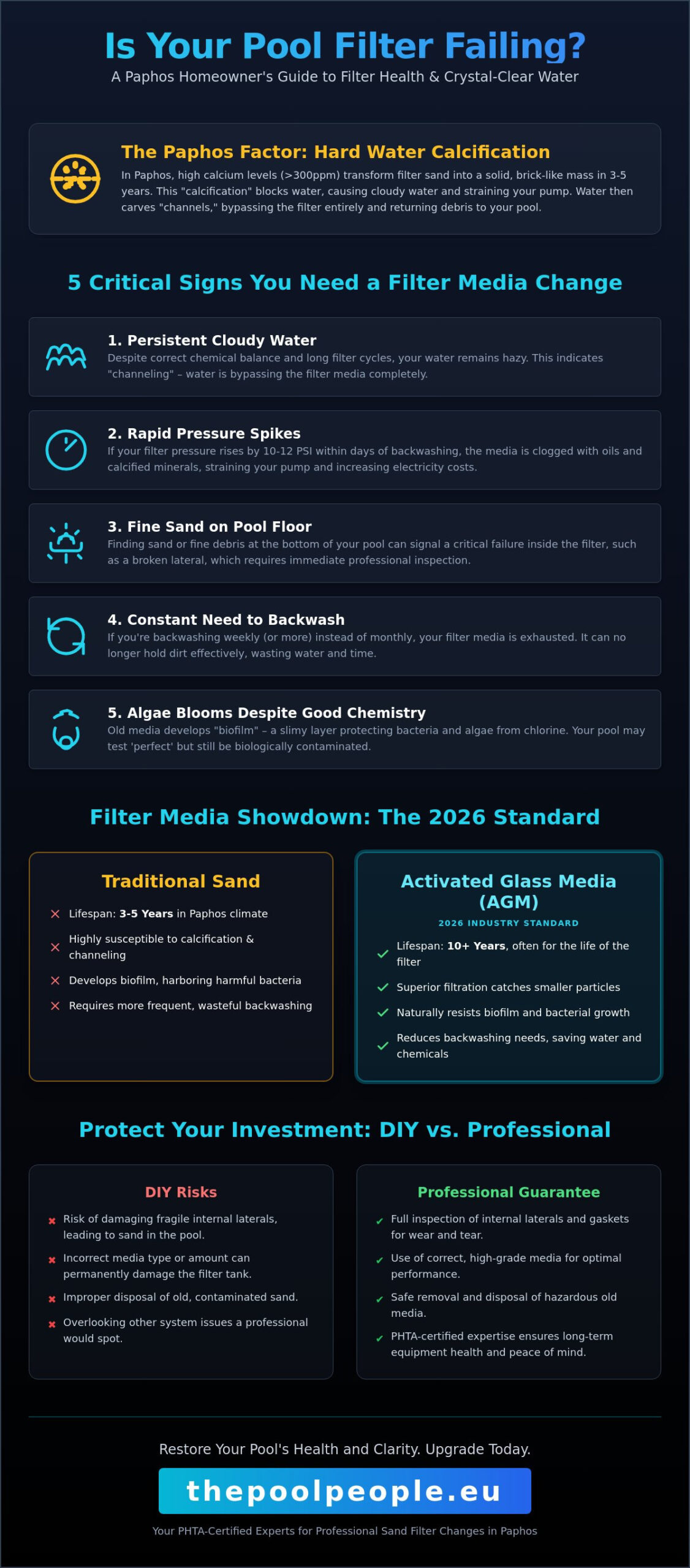 Expert Sand Filter Change in Paphos: The 2026 Property Owner’s Guide - Infographic