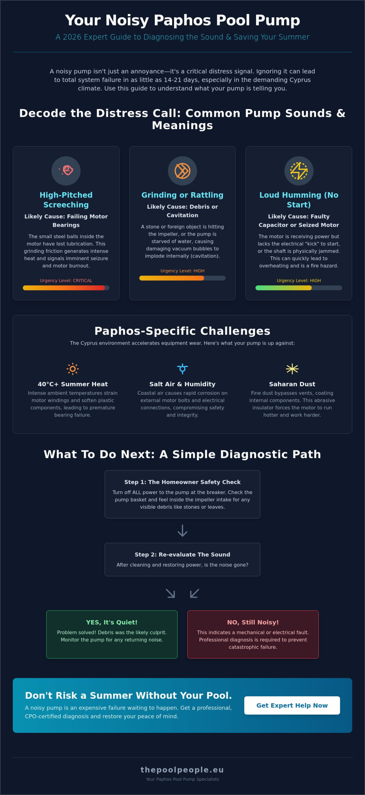 Noisy Pool Pump in Paphos? 2026 Expert Troubleshooting & Repair Guide - Infographic