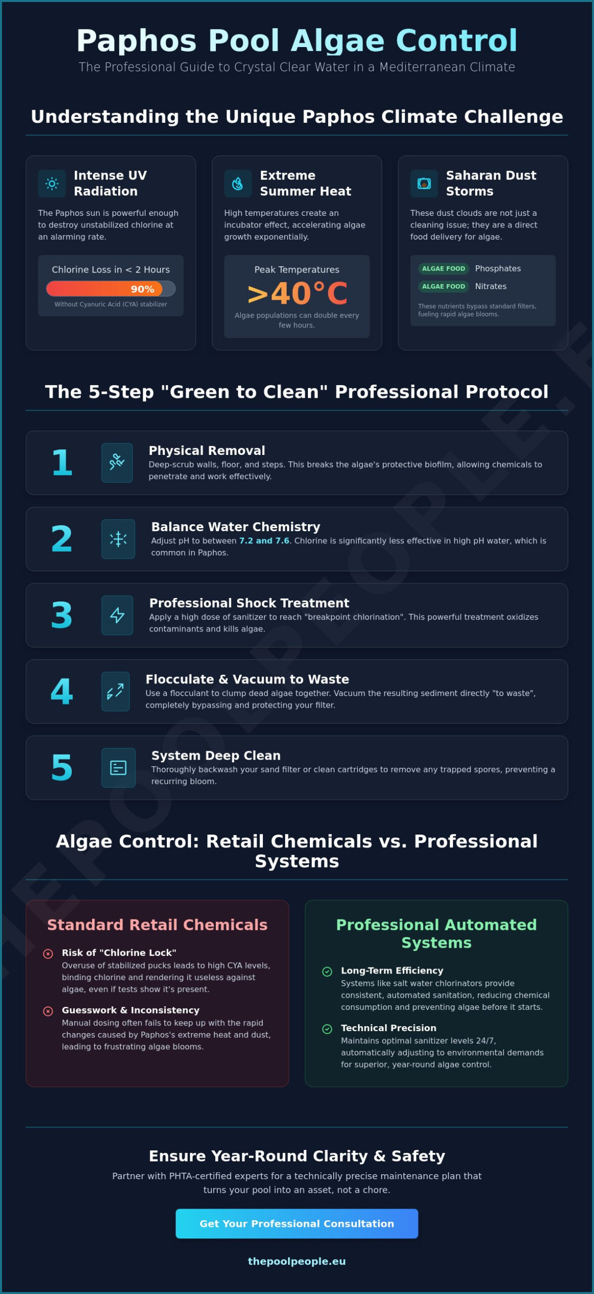 Expert Algae Control for Pools in Paphos: The 2026 Prevention Guide - Infographic
